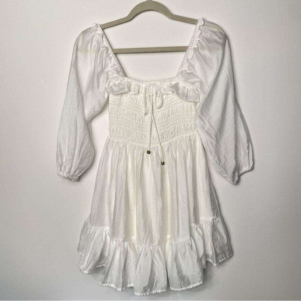 INDIKAH White Dress with Smocked Bodice and Puffed Balloon Sleeves